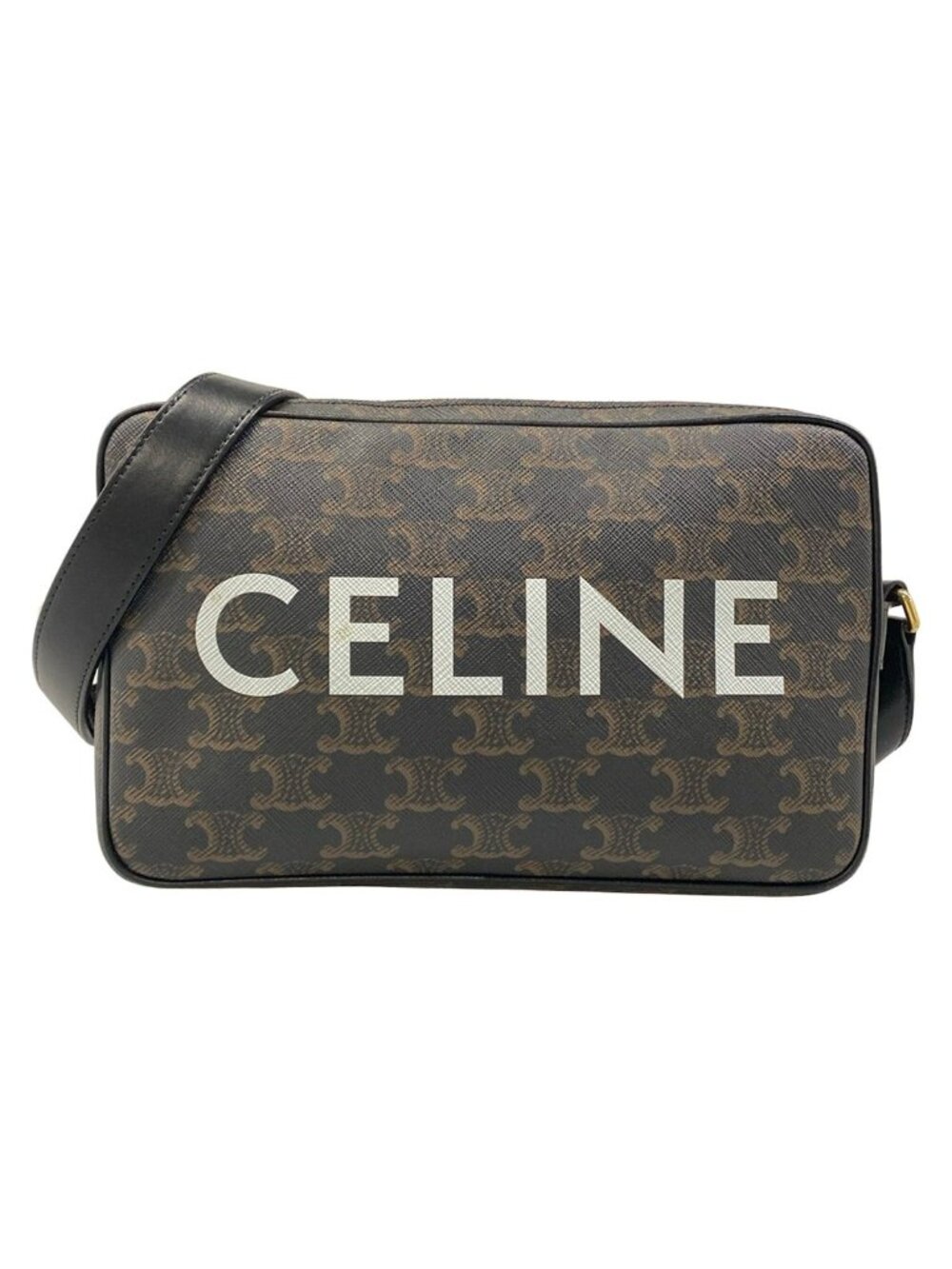Celine Shoulder Bag Triomphe Canvas Black Dark Brown Leather - Picture 1 of 15
